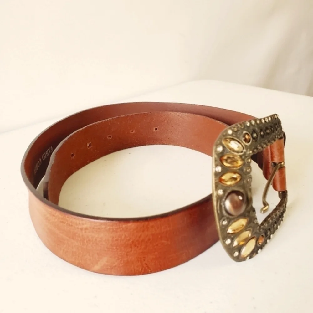 Fabio Corti Genuine Leather Belt Brown Jeweled Beaded Oversized Buckle‎ Italy